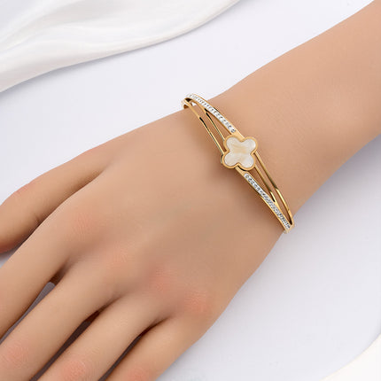Pulsera Brazalete De Acero Inoxidable Con Flor De Cuatro Hojas Y Circon