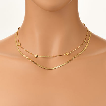 Collar De Doble Capa De Cadena Plana De Acero Inoxidable Con Flores De Cuatro Hojas