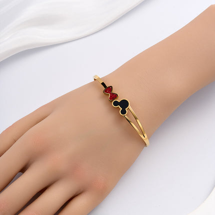 Pulsera Brazalete De Acero Inoxidable Con Cabeza De Mickey Negra Y Lazo Rojo