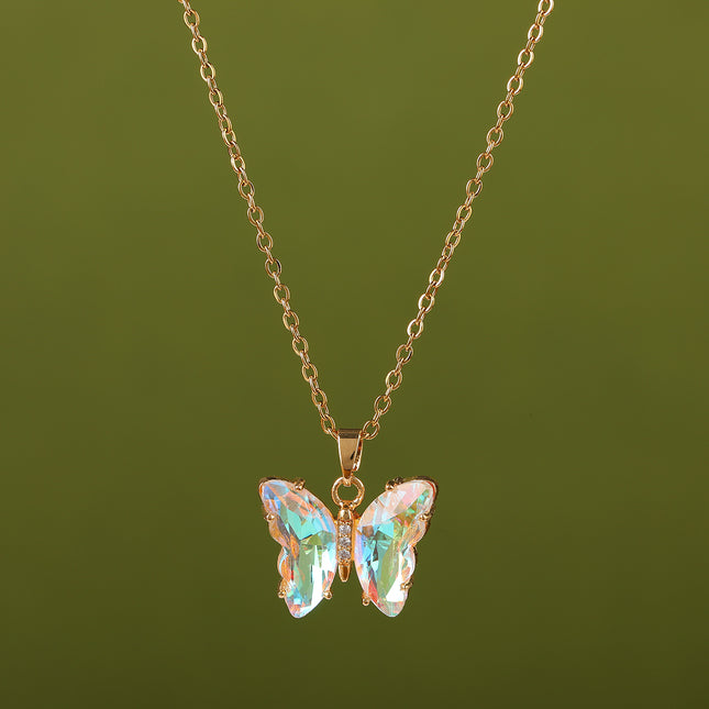 Collar Con Colgante De Mariposa De Acero Inoxidable De Moda De Colores Transparente