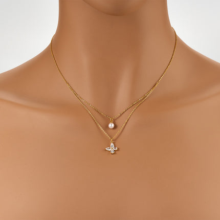 Collar De Doble Capa Cobre Con Perla Artificial Y Mariposa Con Circonitas