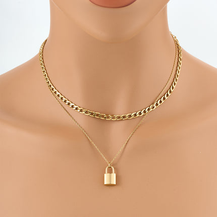 Collar De Doble Capa De Cadena Plana Con Candado Brillante De Acero Inoxidable
