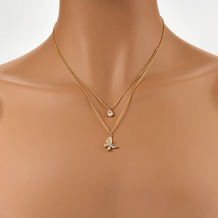 Collares Multicapas Cobre Con Colgante De Mariposa Y Gota De Circonita