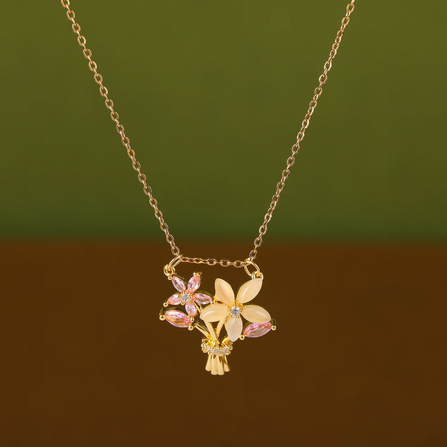 Collar Versátil De Cobre Con Colgante De Diamante De Imitación De Un Ramo De Flores Rosadas