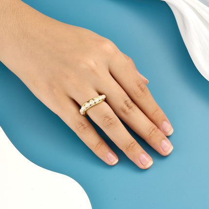 Anillo Ajustable Con Diseño Minimalista De Perla Con Estilo Luxe De Cobre Chapado En Oro 14K