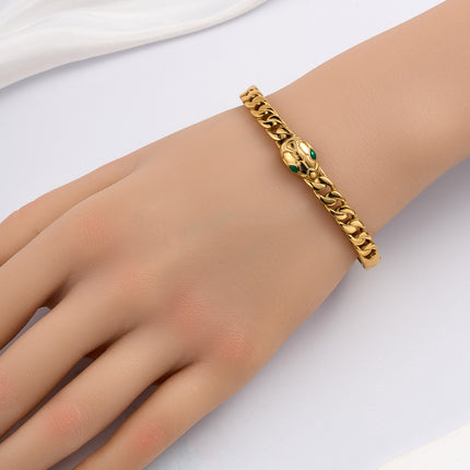 Pulsera De Acero Con Cadena Torcida Y Serpiente De Ojos Verdes