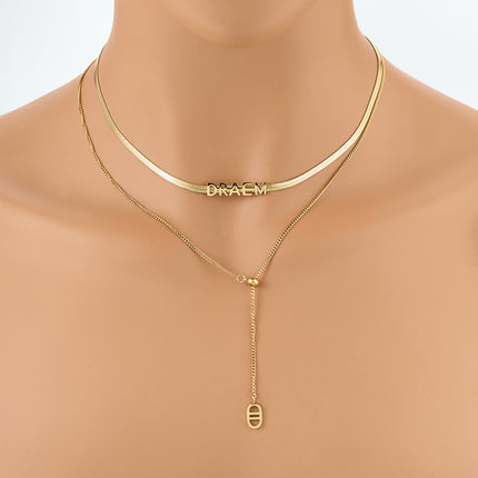 Collar De Doble Capa De Cadena Plana Ajustable De Serpiente Con Letras De DREAM Y Doble D