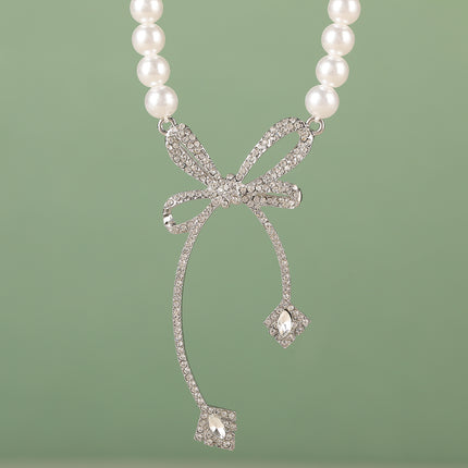 Collar Elegante De Perlas Con Colgante De Cobre De Lazo De Lujo Leve De Moda