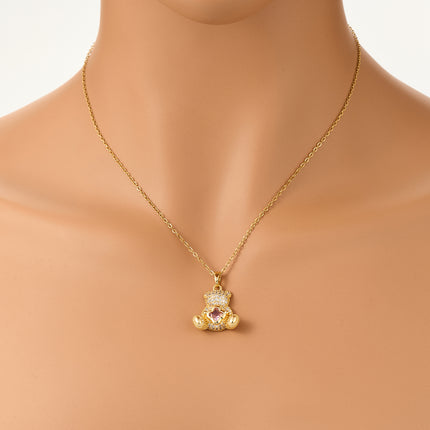 Collar Con Colgante En Forma De Oso Rosado De Diamantes De Imitación De Acero Inoxidable