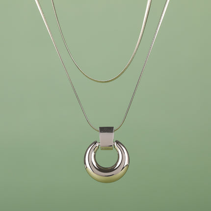 Collar De Doble Capa Con Colgante De Anillo Curvado De Cadena De Serpiente De Acero Inoxidable