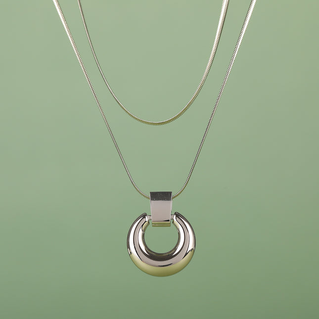 Collar De Doble Capa Con Colgante De Anillo Curvado De Cadena De Serpiente De Acero Inoxidable