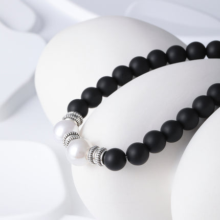 Pulsera De Cuentas De Cristal Negro Con Detalles De Perlas