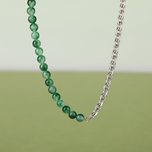 Collar De Cadena De Media Acero Inoxidable Media Bolas De Jade De Moda De Lujo Leve