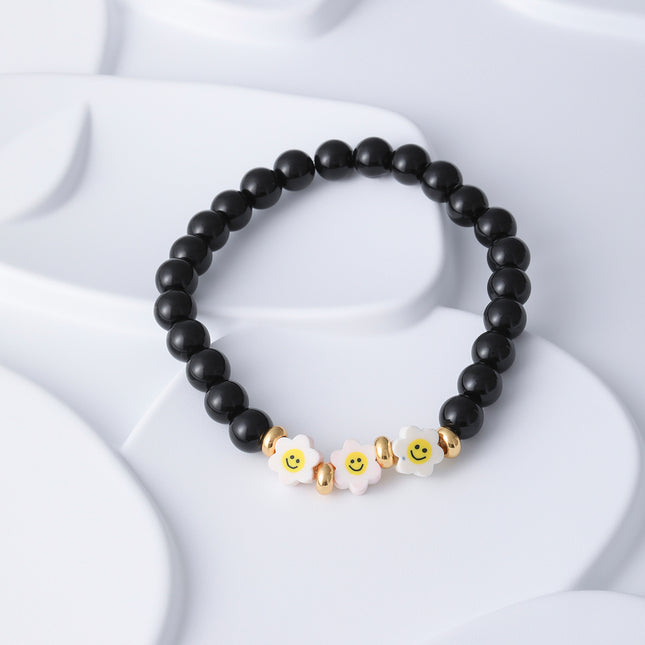 Pulsera De Cuentas De Cristal Negro Con Detalles De Flores