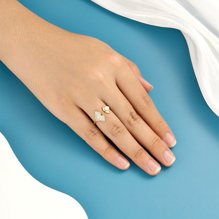 Anillo Ajustable Con Perla Y Diamantes De Diseño De Hoja De Ginkgo De Cobre Chapado En Oro 14K