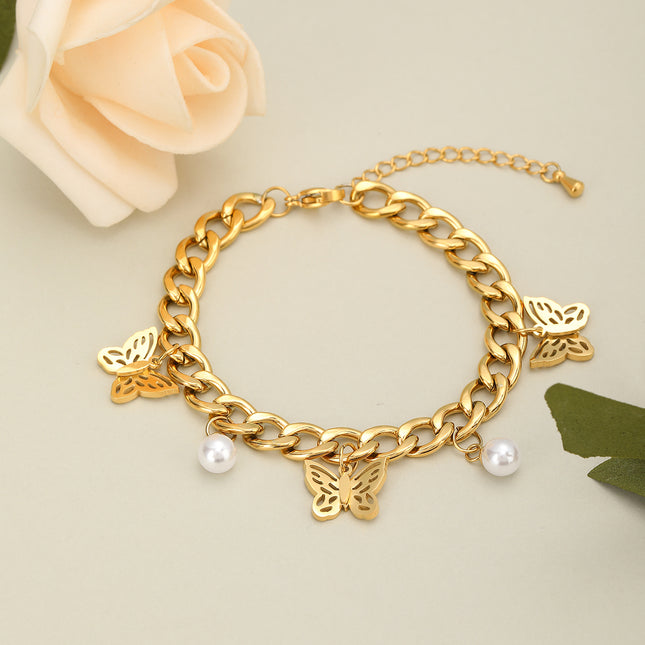 Pulsera De Mariposa Y Perlas De Estilo Cubano En Cobre Chapado En Oro 14K