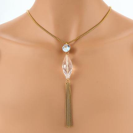 Collar De Tipo Corbata Con Colgante De Diamante De Gota De Acero Inoxidable Y Borlas Exquisito