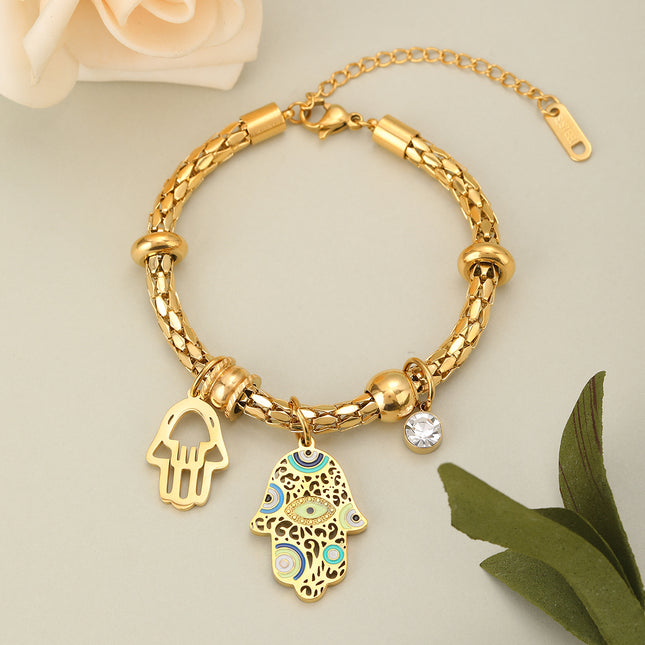 Pulsera De Acero Inoxidable Con Manos De Diablo, Ojo Y Circonita Blanca