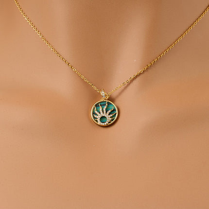 Collar De Cobre Oro 18K Con Colgante Verde Vintage Y Rayos De Sol