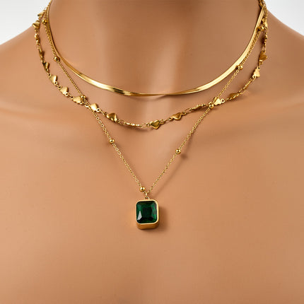 Collar De Múltiples Capas Oro 18K Con Colgante Geométrico De Circonita Verde