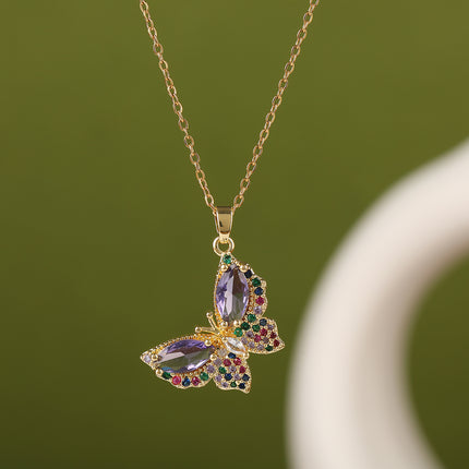 Collar De Cadena De Cobre Con Colgante De Mariposa Colorido De Diamante De Imitación Casual