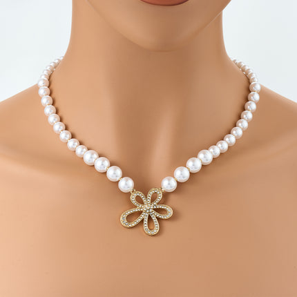Collar De Perlas De Estilo Vintage Con Colgante De Flor De Diamante De Imitación De Moda