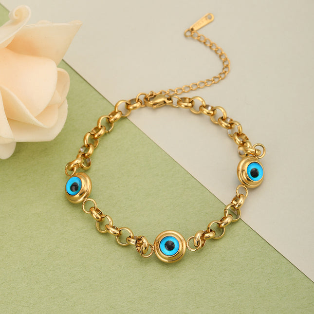 Pulsera Acero Dorada Con Ojo Azul, Diseño Minimalista Y Elegante
