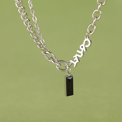 Collar Simple De Acero Inoxidable Con Colgante De Ladrillo Negro De Moda De Cadena Gruesa