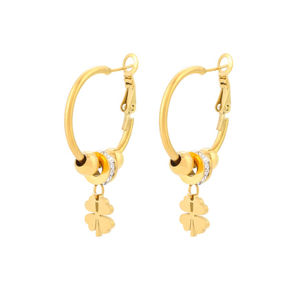 Aretes De Acero Colgante De Trébol Con Zirconia Y Pequeñas Esferas