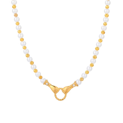 Collar De Perlas Y Bolas Con Colgante De Anillo Con Ambos Manos De Estilo Francés
