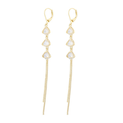 Aretes Largos Con Flecos Y Zirconia Blanca En Cobre Bañado En 18K