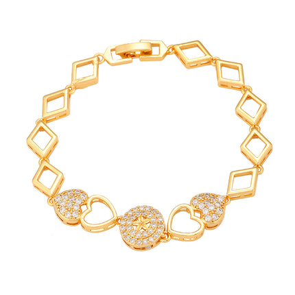 Pulsera De Cadena Cobre Con Corazones De Circonita Y Cadena Romboidal