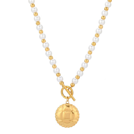Collar De Perlas Con Colgante En Forma De Escudo Redondo De Paja De Moda