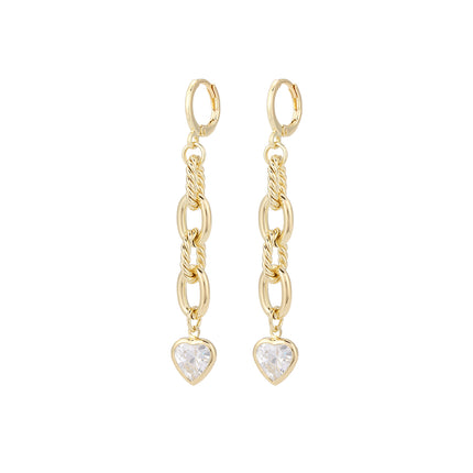 Aretes Largos De Cadenas Con Corazón De Zirconia Y Oro De 14K