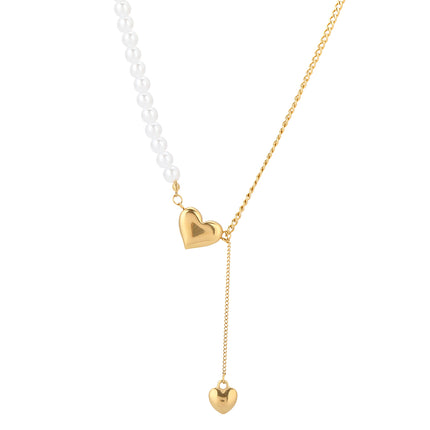 Collar De Cadena De Media Acero Inoxidable Media De Perlas Con Colgante De Corazón Tridimensional