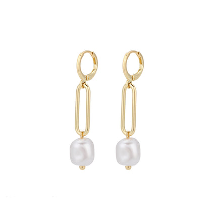 Aretes Largos Cobre De Oro 14K De Cadena Con Perlas Artificiales