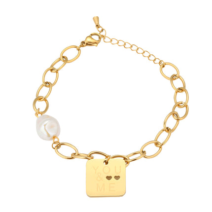 Pulsera Con Diseño De Placa Inglés Y Perlas En Cobre Chapado En Oro 14K