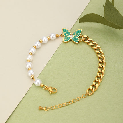 Pulsera Con Diseño De Mariposa Verde Y Perlas Vintage De Cobre Chapado En Oro 14K