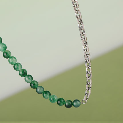Collar De Cadena De Media Acero Inoxidable Media Bolas De Jade De Moda De Lujo Leve