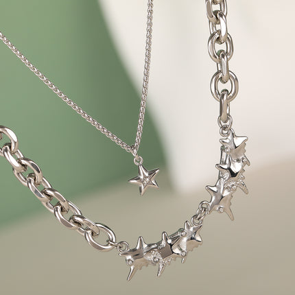 Collar De Doble Capa De Cadena De Acero Inoxidable Con Estrellas De Mar De Moda