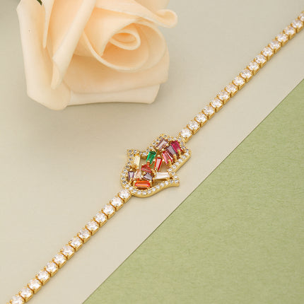 Pulsera De Cobre Con Mano De La Suerte Y Cristales De Colores