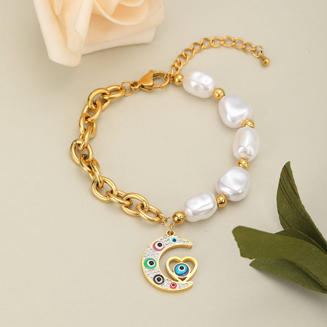 Pulsera Con Diseño De Ojo Y Luna Vintage Con Perlas De Cobre Chapado En Oro 14K