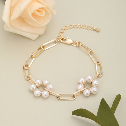 Pulsera De Cobre Con Perlas Imitación Y Cadena De Rectangular Estilo Moda