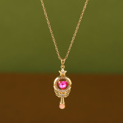 Collar De Cobre Con Colgante De Varita Mágica Con Diamante De Corazón Rosada De Estilo Infantil