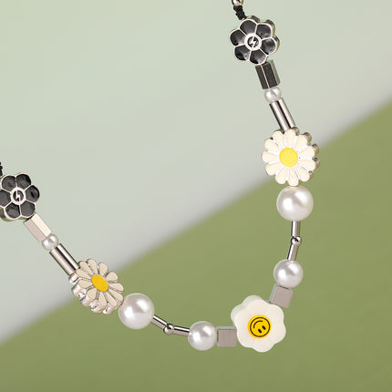 Collar De Cadena De Acero Inoxidable Con Bolas De Perlas Y Colgante De Margarita De Moda