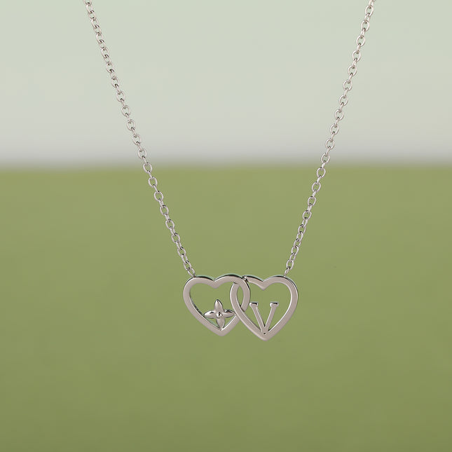 Collar De Cadena En Forma De 0 Con Colgante De Doble Corazón Hueca De Flor Y V De Acero Inoxidable