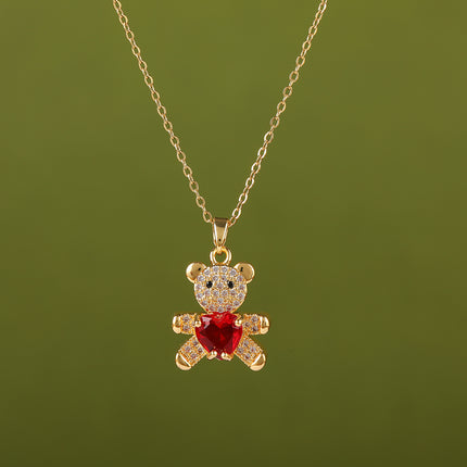 Collar De Acero Inoxidable De Moda Con Colgante De Oso Rojo Con Diamantes De Imitación