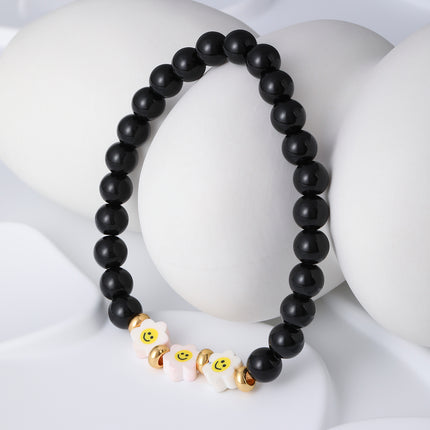 Pulsera De Cuentas De Cristal Negro Con Detalles De Flores