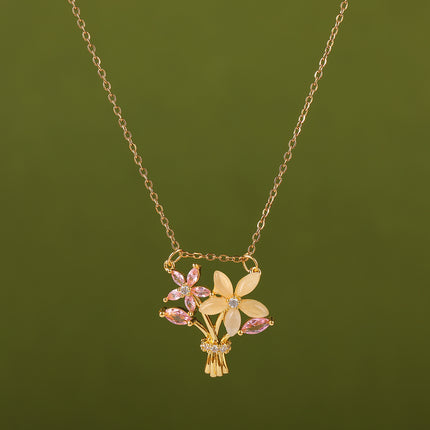 Collar Versátil De Cobre Con Colgante De Diamante De Imitación De Un Ramo De Flores Rosadas
