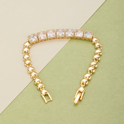 Pulsera De Cobre Con Cadena De Corazones Y Cubos De Zirconia Brillante